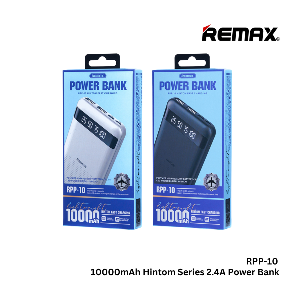REMAX---RPP-10 10000MAH HINTOM SERIES 2.4A FAST CHARGING POWER BANK (INPUT-MICRO/TYPE-C) ( OUTPUT-2USB/1TYPE-C) (218739) - Black