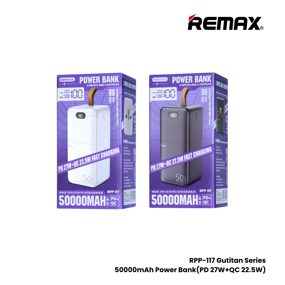 REMAX---RPP-117 50000MAH PILOTEER SERIES 27W+22.5W PD+QC FAST CHARGING POWER BANK (NOMINAL) (INPUT-MICRO/TYPE-C) (OUTPUT-2USB/TYPE-C) (213130) (NPL-6/2024)