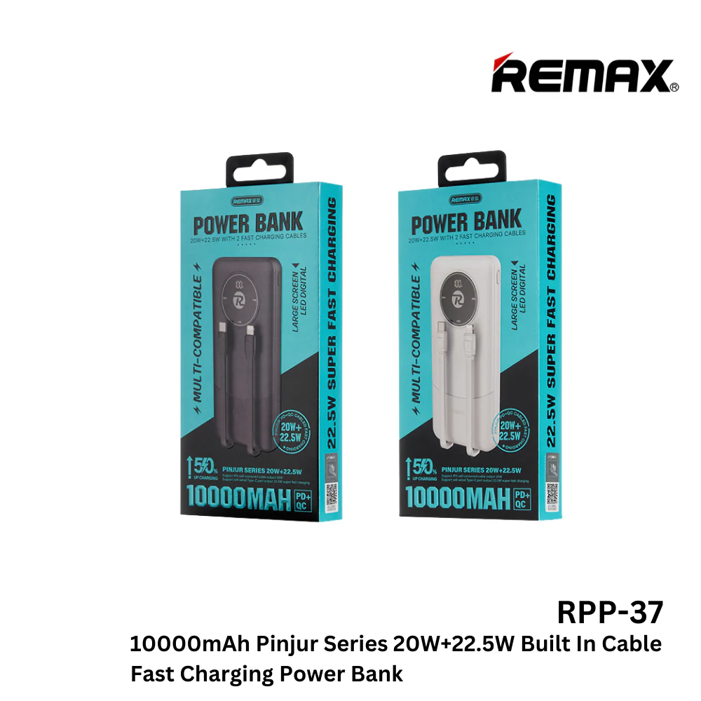REMAX---RPP-37 10000MAH PINJUR SERIES 20W+22.5W BUILT-IN DUAL CABLE FAST CHARGING POWER BANK (INPUT-TYPE-C/TYPE-C CABLE) (OUTPUT-USB/TYPE-C+IPH CABLE) (222736) (NPL-3/2025)