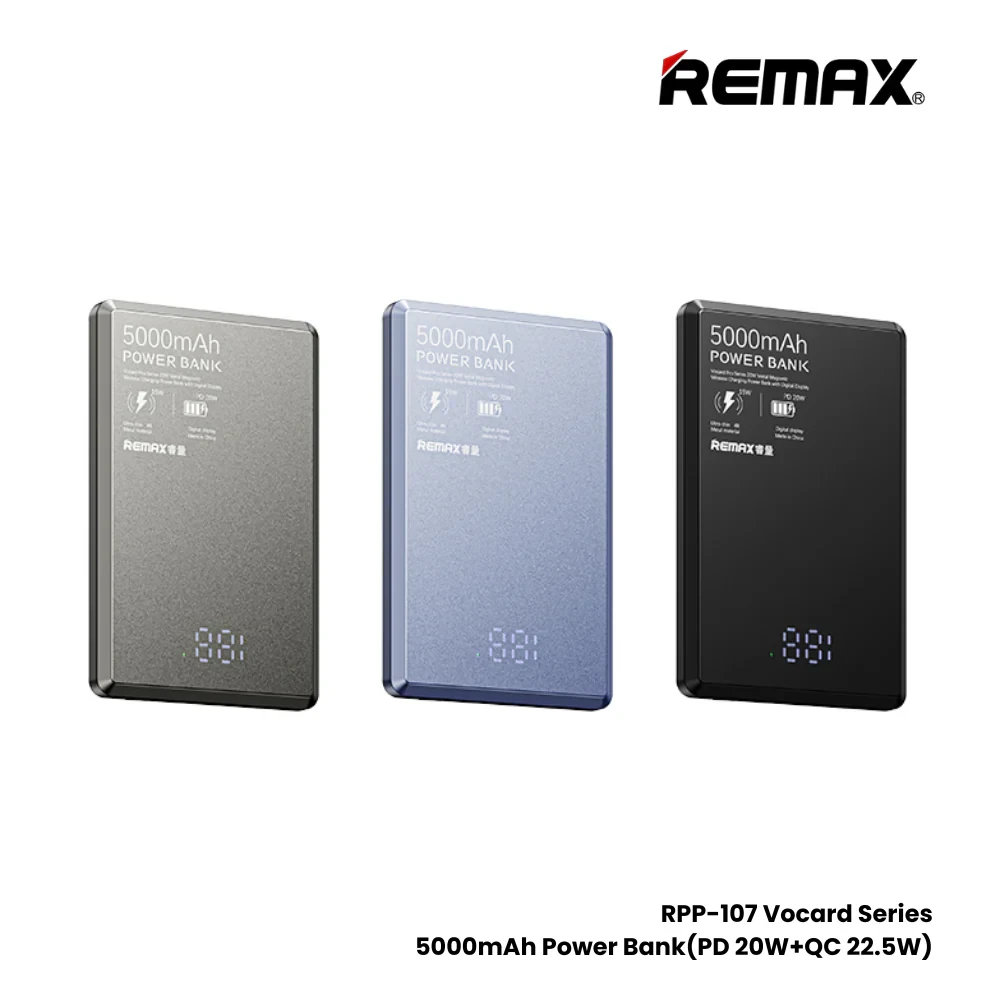 REMAX---RPP-107 5000MAH VOCARD PRO SERIES 20W METAL MAGNETIC WIRELESS CHARGING POWER BANK WITH DIGITAL DISPLAY (INPUT-TYPE-C) (OUTPUT-TYPE-C/WIRELESS) (219064) (NPL-6/2024)