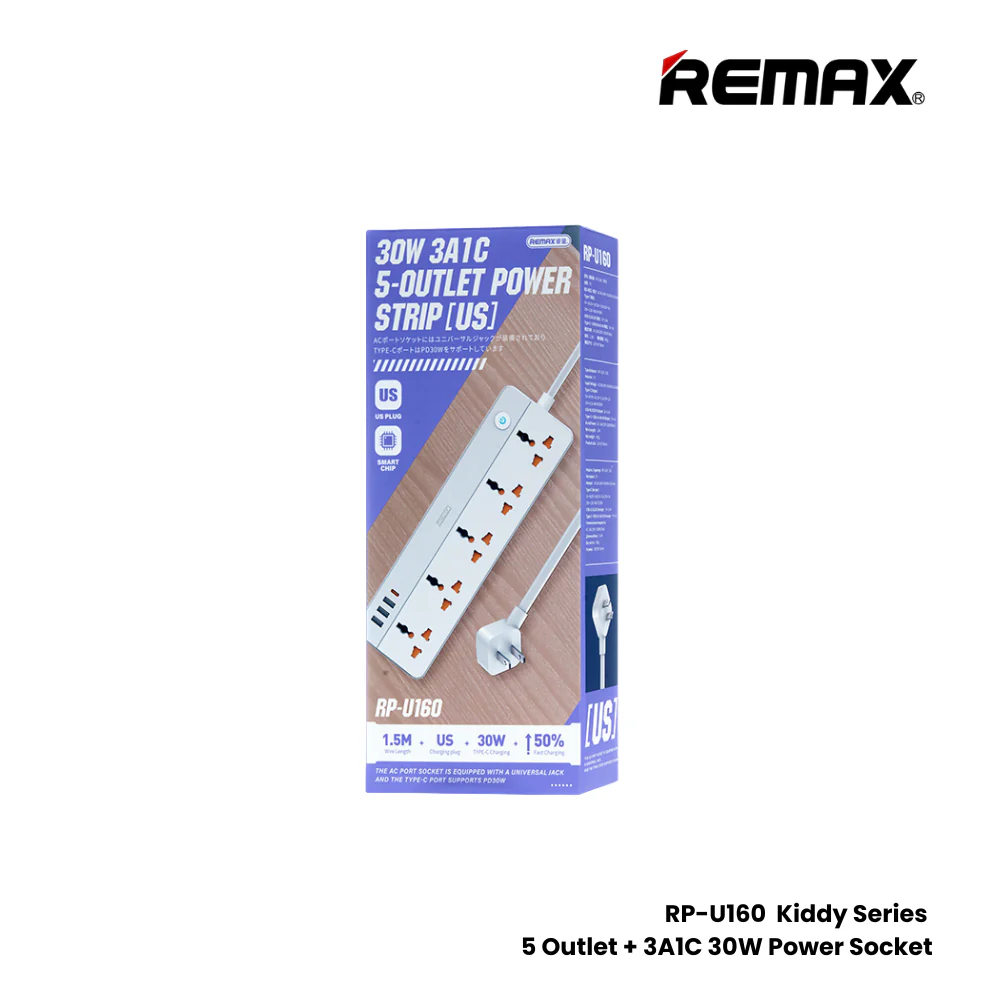 REMAX---RP-U160 (SOCKET) KIDDY 30W POWER STRIP (US) (3USB+1PD+5OUTLET) (1.5M) (237266) (NPL-8/2024)
