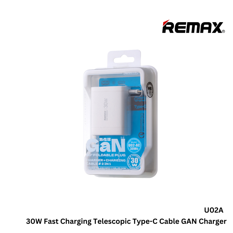 REMAX---U02I HIDDEN 30W 2IN1 FAST CHARGING TELESCOPIC IPH CABLE GAN CHARGER (1USB+1TYPE-C+IPH CABLE) (247319) (NPL-2/2025)