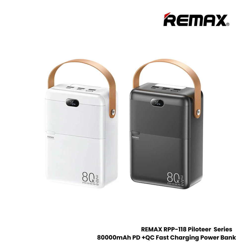 REMAX---RPP-118 80000MAH PILOTEER SERIES 27W+22.5W PD+QC FAST CHARGING POWER BANK WITH LED (NOMINAL) (INPUT-2TYPE-C) (OUTPUT-3USB/1TYPE-C) (218654) (NPL-9/2024)