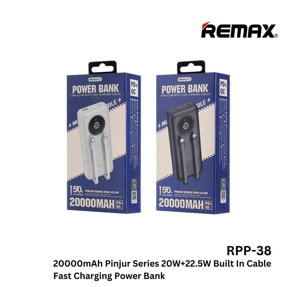 REMAX---RPP-38 20000MAH PINJUR SERIES 20W+22.5W BUILT-IN DUAL CABLE FAST CHARGING POWER BANK (INPUT-TYPE-C/TYPE-C CABLE) (OUTPUT-USB/TYPE-C+IPH CABLE) (222743) (NPL-3/2025)