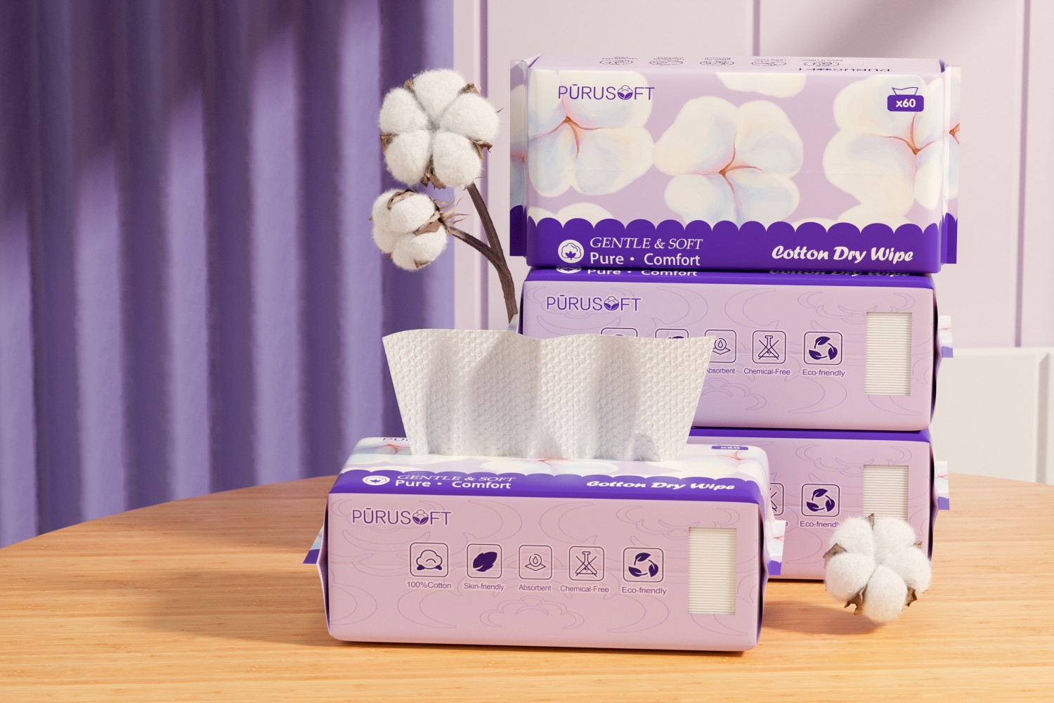 PURUSOFT Cotton Dry Wipe - 60pcs(Exp-Dec2026)