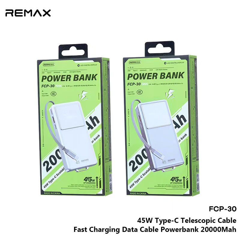 REMAX---FCP-30 20000MAH 45W TYPE-C SCALABLE CABLE FAST CHARGING POWER BANK (INPUT-TYPE-C/TYPE-C CABLE) (OUTPUT-USB/TYPE-C/TYPE-C CABLE/) (250913) (NPL-6/2025)