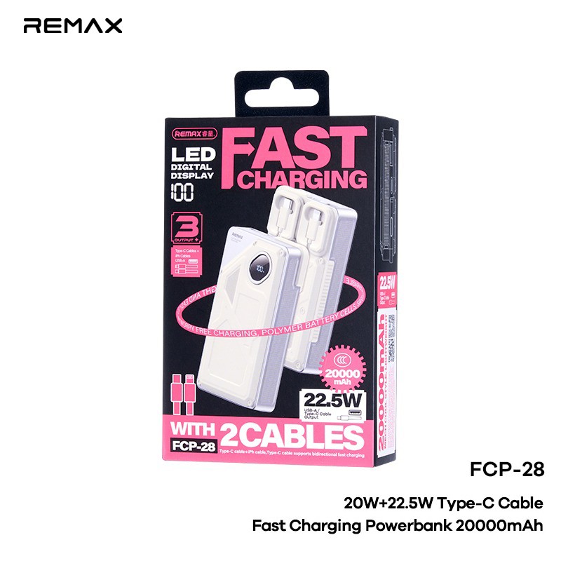 REMAX---FCP-28 200b00MAH 20W+22.5W FAST CHARGING CABLE POWER BANK (INPUT-TYPE-C/TYPE-C CABLE) (OUTPUT-USB/TYPE-C CABLE/IPH CABLE) (249986) (NPL-6/2025)