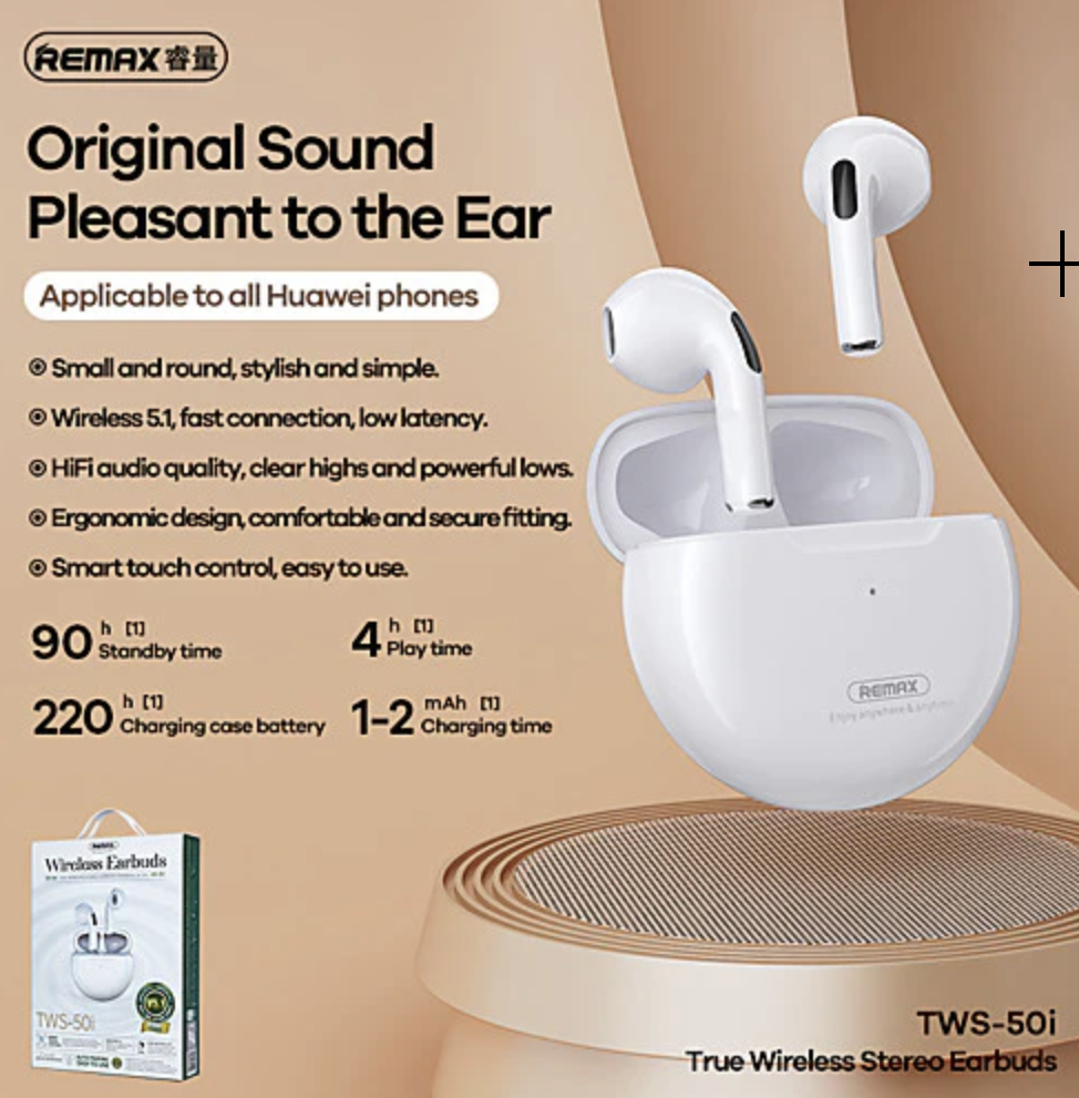 Remax TWS-50i Bluetooth V5.1 True Wireless Earbuds for Music & Call (Stereo) - White